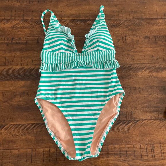 J. Crew Swim Nwt J Crew Green White Striped Plunge Neck Ruffle One